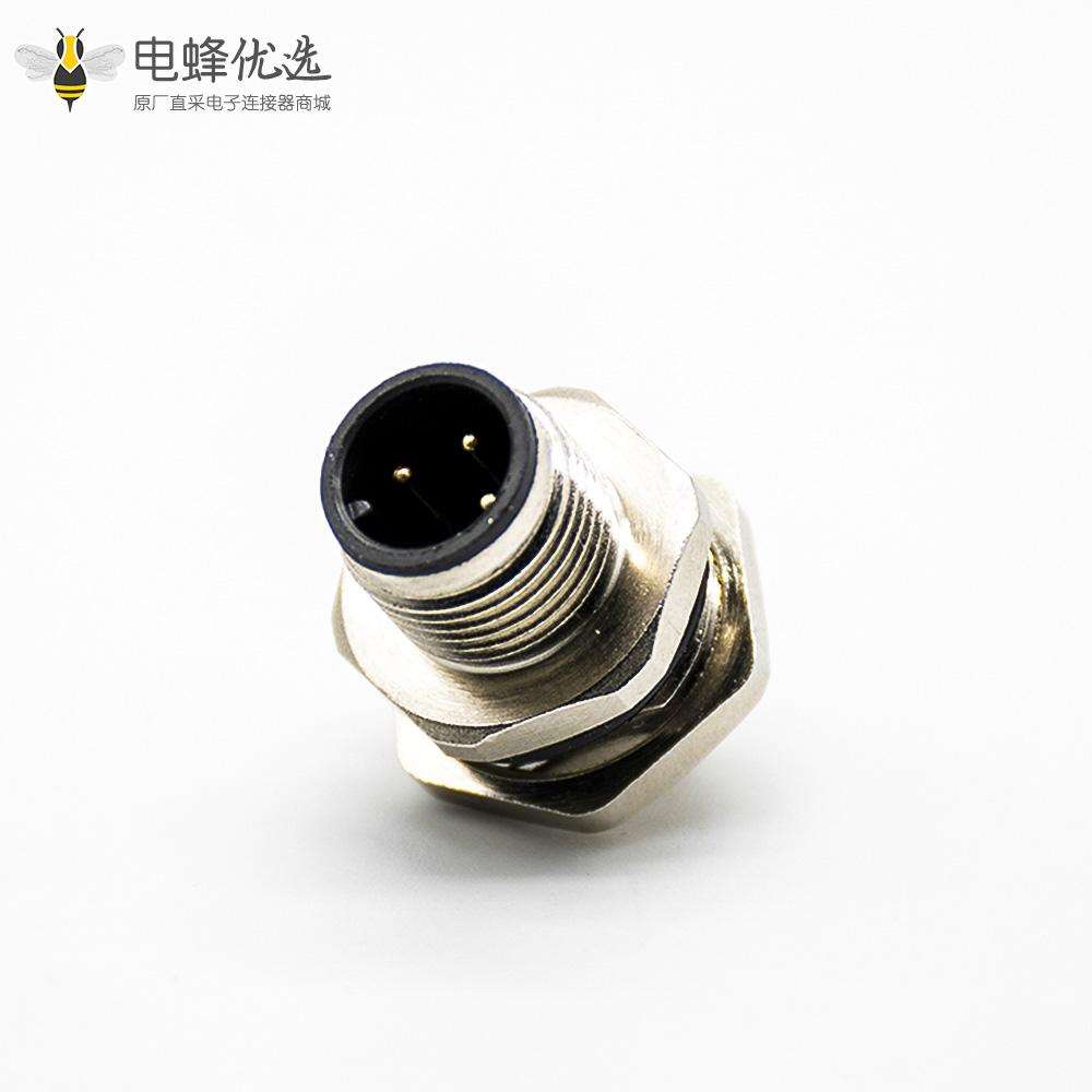 M12连接器PCB板安装A扣180&deg;焊接式后锁板防水3芯公插座