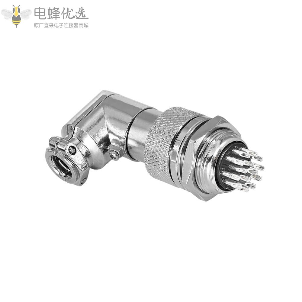 GX20弯式14芯航空连接器5A150V插头插座IP55金属外壳后锁板焊线式